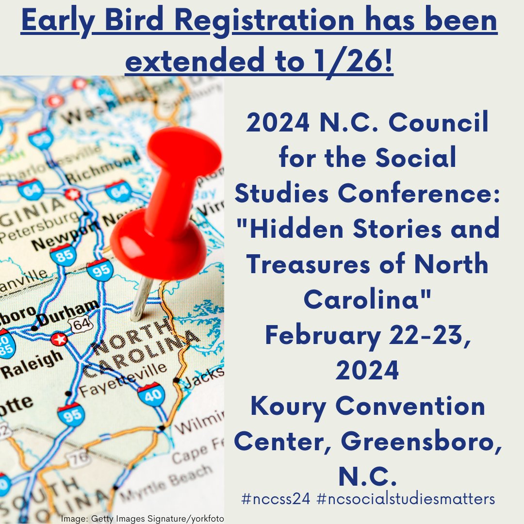 Only 4⃣ days left! The Early Bird registration discount for <a href="/NCCSS/">NCCSS</a> #nccss24 has been extended until 1/26!  Please help us spread the word! 🙏 For more information, go to ncsocialstudies.org #socialstudies #ncsocialstudiesmatters #sschat4⃣