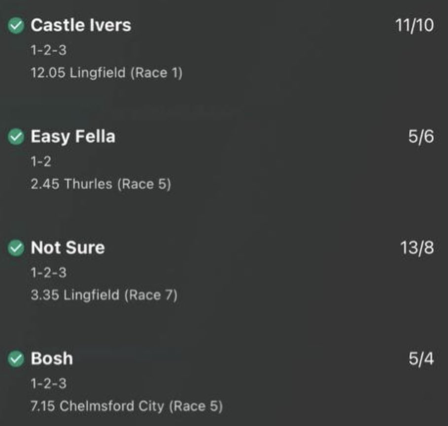 Ahahahahahahahaahahahhahh bookies been caught lacking today boys🤤

Free tips landed today ⬇️ 

3/1 Place Bet Of The Day ✅
14/1 FREE NAP ✅
9/2 Treble ✅
22/1 Place Bet ✅
87/1 Place Bet ✅
298/1 Acca Will the 14/1 map added to placed ✅

Free Group ➡️ t.me/+O9-Df82z3fE5Z…