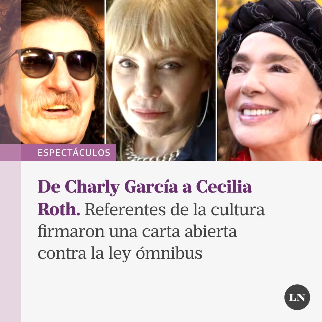 LANACION's tweet image. 🟣Referentes de la cultura argentina -que van desde Charly García, Fito Páez y Peteco Carabajal, hasta Rita Cortese, Cecilia Roth y Juan Minujín- firmaron una carta abierta afirmando que “la cultura está en peligro”.

✍️Los involucrados aseguraron: “No hay en la letra de su…