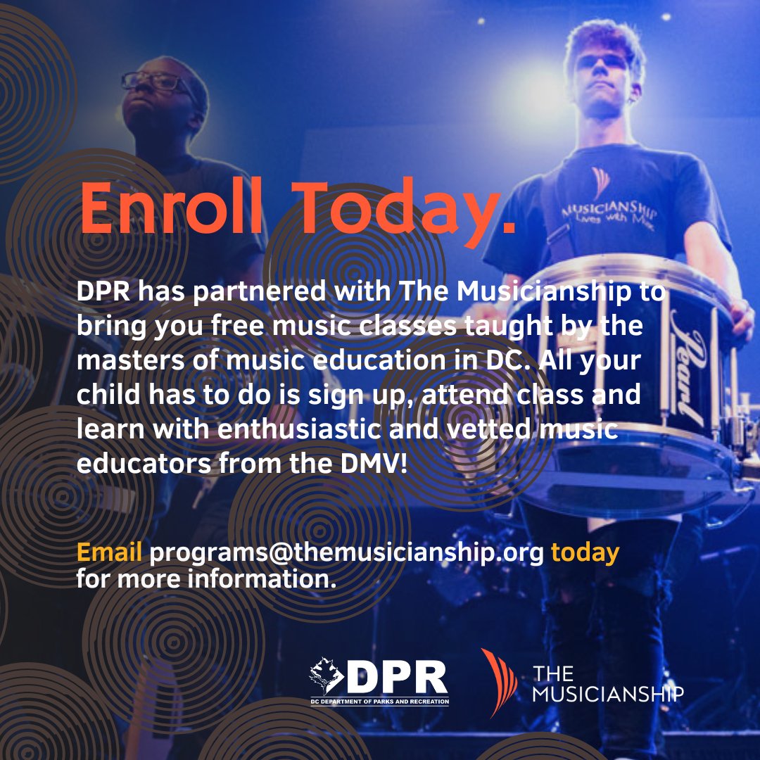 🎶 We are thrilled to announce our ongoing collaboration with DPR to bring FREE music education to youth in the district. 🎉 All classes are taught by masters of music education from across the DMV. Sign up today! Share this post with your friends and family! #MusicEducation