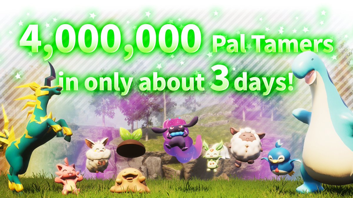 Wario64's tweet photo. Palworld has now sold 4 million copies in about 3 days and is reaching about 86k units per hour (the developer says it's copies sold and not player count)

1,274,932 Steam players are currently in the game https://t.co/gfGngWeOpw