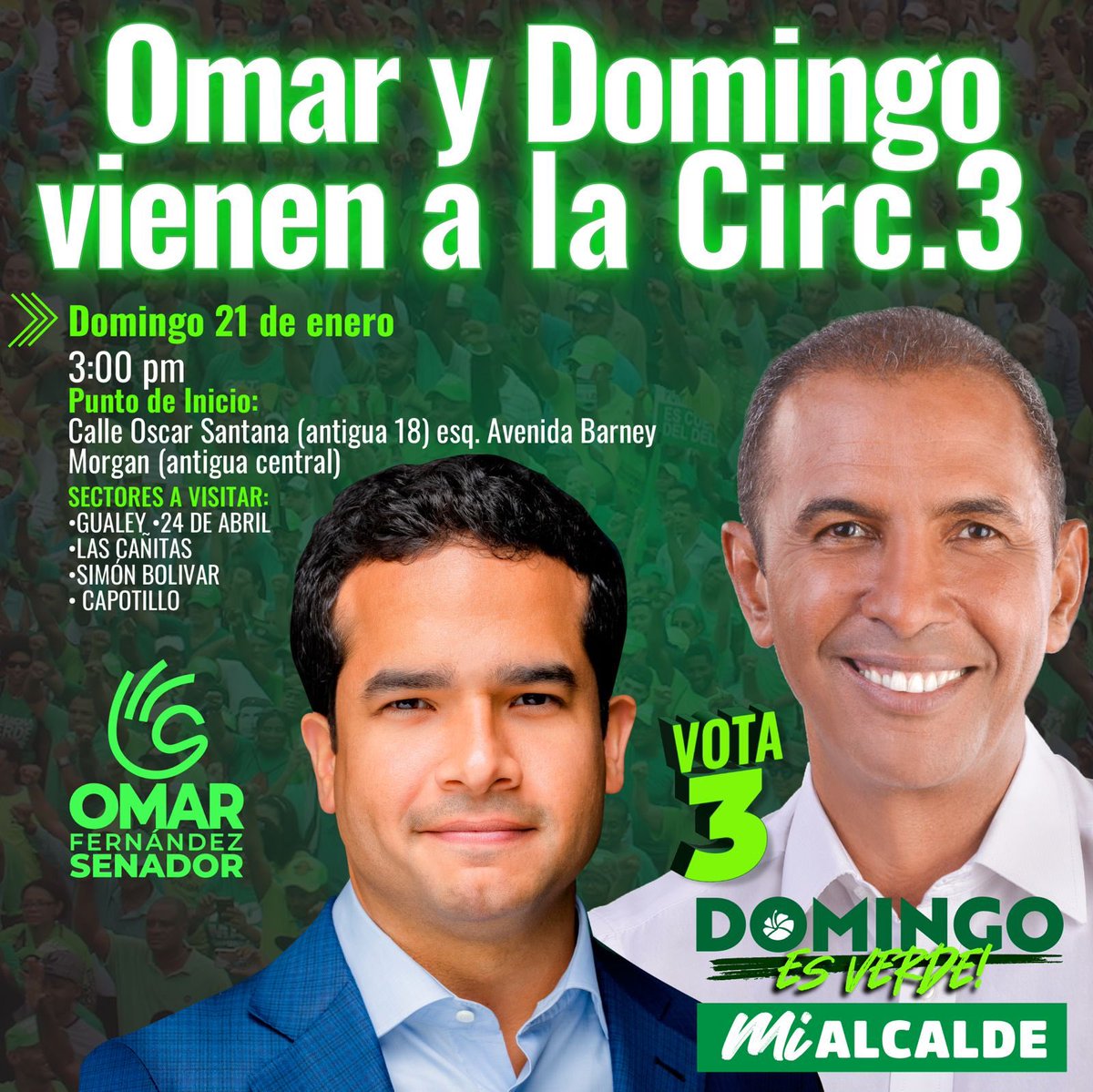 JulioHorton's tweet photo. #Circ3DN |
Acompáñanos a ser parte de la historia a convertir en el Senador más votado del Distrito Nacional @OmarLFernandez apoyando al próximo Alcalde @DomingoCG1.
Alianza #RescateRD está demoledora!
#ElSenadorQueQueremos
#FuerzaDelPueblo
#LeonelFernandez
#VolvamosPaLante https://t.co/AcnUtNEVj3