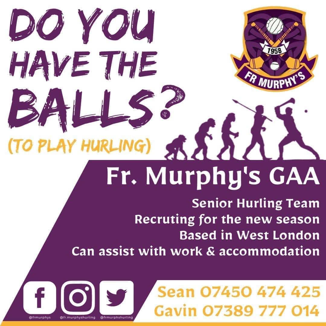 FrMurphsHurling's tweet photo. 🚨 NOW RECRUITING FOR 2024 🚨

🆕 New players &amp; club members welcome
📍 Acton, W London based, easily accessible 
🚿 Good facilities for training 
🏆 Succesful - league &amp; 9’s winners ‘23 
🛏️ Work &amp; accommodation can be helped with
👨‍👩‍👦 Family club, ladies camogie &amp; football + youth https://t.co/fJSInBIOh2