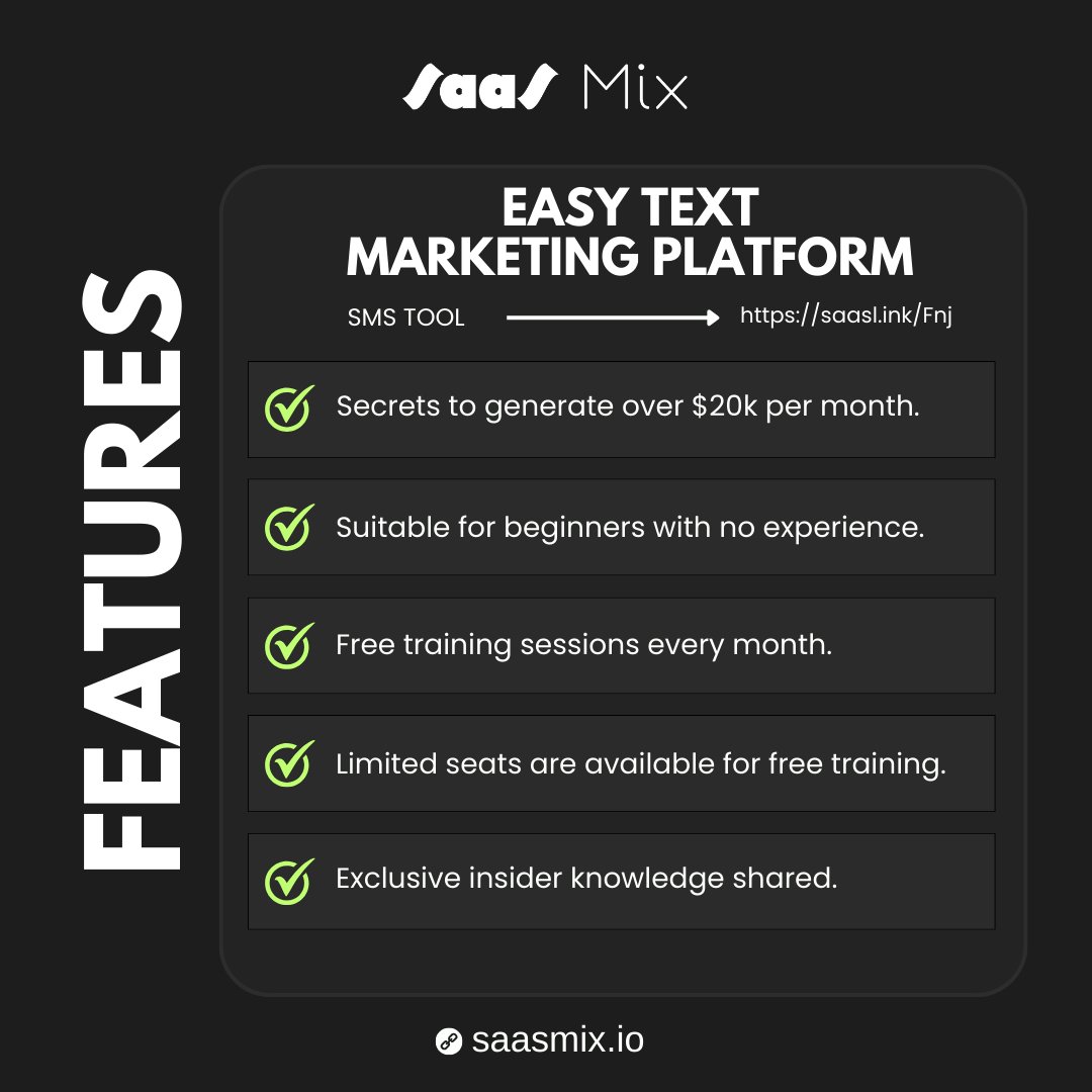 Unlock the Secrets to $20k/month with Text Marketing - No Experience Needed!

#EasyTextMarketingPlatform #SMS #SMSTool #SaaSMix
