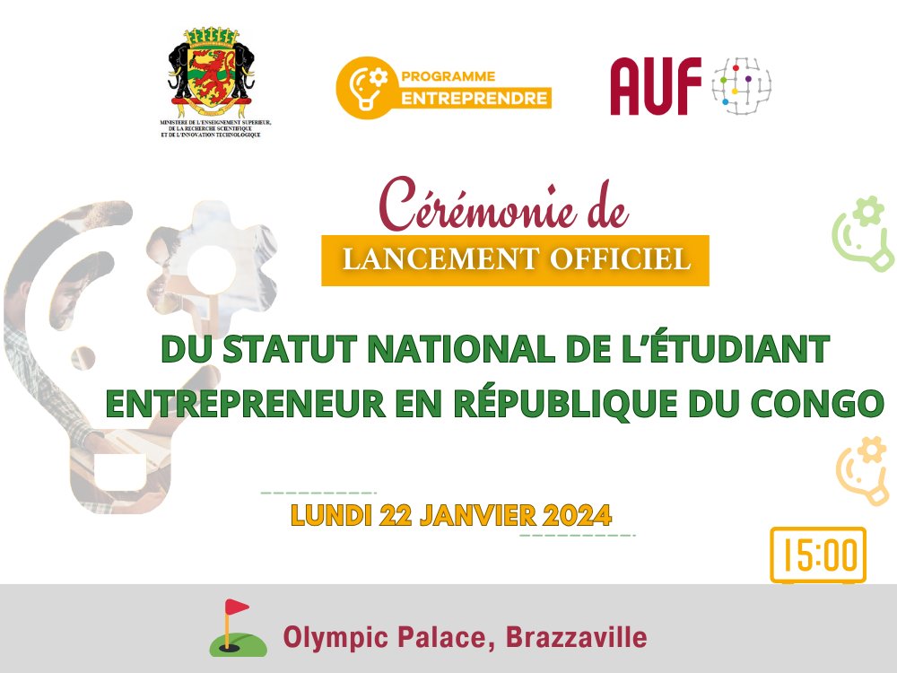 🚀 Agenda - Ce lundi 22/01/2024, le <a href="/MESRSIT/">Ministère de L'Enseignement Supérieur</a>, Prof. Emmanuel Adouki D. procèdera au lancement du Statut national de l'étudiant entrepreneur (#SNEE) du Congo 🇨🇬, en présence du Recteur de l' <a href="/auf_org/">AUF</a>, Prof. <a href="/SlimKhalbous/">Slim Khalbous</a>, des autorités politiques et économiques, et des étudiants.