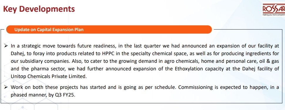 nid_rockz's tweet photo. Rossari Biotech
#ROSSARIBIO
#ROSSARI
Inv PPT:
Good #Q3FY24
Highest ever quarterly EBITDA, PBT and PAT🔥
PBT and PAT ⏫34%
PAT at 34.4cr vs 25.7cr
Consistent growth track record over last 5 years
Near term strategic investments have kept return ratios suppressed
Comp is confident that return ratios would trend upwards when these investments start yielding results
Capex plans:
2 projectS
Products related to HPCC in speciality chemicals
Expansion of Ethoxylation facility
Both projects are expected to be commissioned in a phased manner by Q3FY25
2 synergistic acquisition and one strategic investments done
Unistar chemicals
TriStar intermediates
Both of these acquisitions have started to pay off well now
Expanded addressable domestic and export markets through these acquisitions