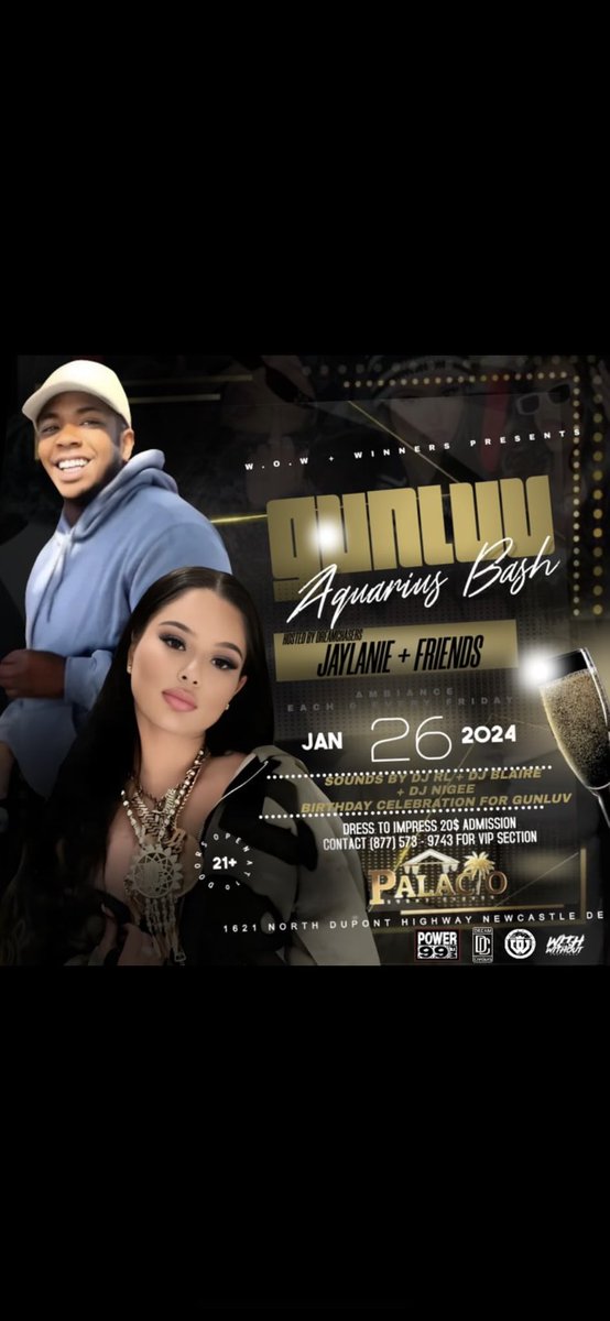 WithOrWithout__'s tweet image. GUNLUV OFFICIAL  AQUARIUS BIRTHDAY BASH ! ♒️🍾
THIS FRIDAY ‼️
@palacioeventcenter 
1621 North Dupont Highway Newcastle DE 

AMBIANCE 🥂 FRIDAYS 
Sounds By 🔊
@therealdjrl ( @power99philly ) 
@djblaire @djnigee @djklive 

Hosted By Dreamchasers 
@jaylanie999_ 🔥🔥

$1 Before 11pm
