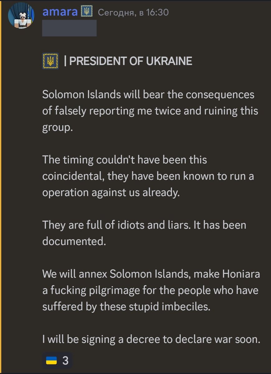 RoKyivPost's tweet photo. Ukrainian President is preparing a decree to declare a state of war against Solomos Islands after he was Terminated AGAIN by Roblox for "Terrorism and extremism", a rare termination reason to see. https://t.co/iZbQPfhWUJ