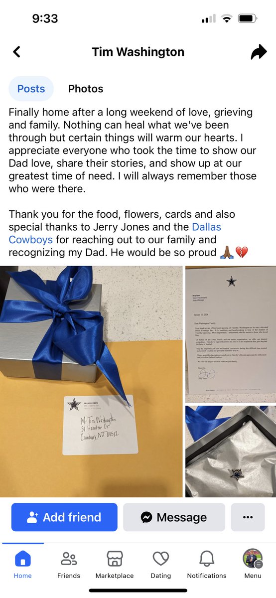 WerderEdNFL's tweet photo. Sharing this Facebook post from #Cowboys fan Timothy Washington, who took his father to see the Cowboys vs. Commanders, their first game.
Unfortunately the father collapsed and died 100 yards from the stadium. Jerry Jones sent flowers and a handwritten note to a man he never met. https://t.co/AKQ5pByseR