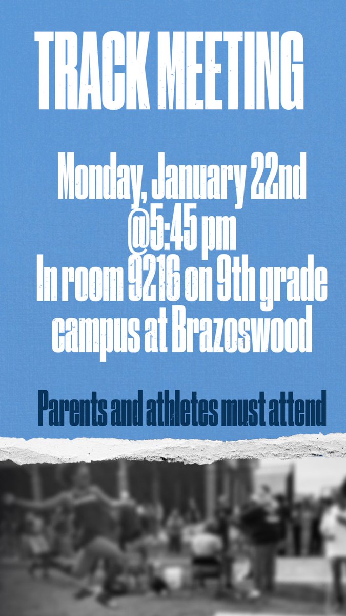 ATTENTION GIRL ATHLETES!!! Track meeting is Monday, January 22nd in room 9216 on Freshmen campus at 5:45 pm. Please all parents and athletes attend for this meeting if interested in track. <a href="/BISDCharacter/">Brazosport ISD Athletic Character Education</a> <a href="/BwoodBucs/">Brazoswood HS</a> <a href="/bportisdsports/">Brazosport ISD Athletics</a>
