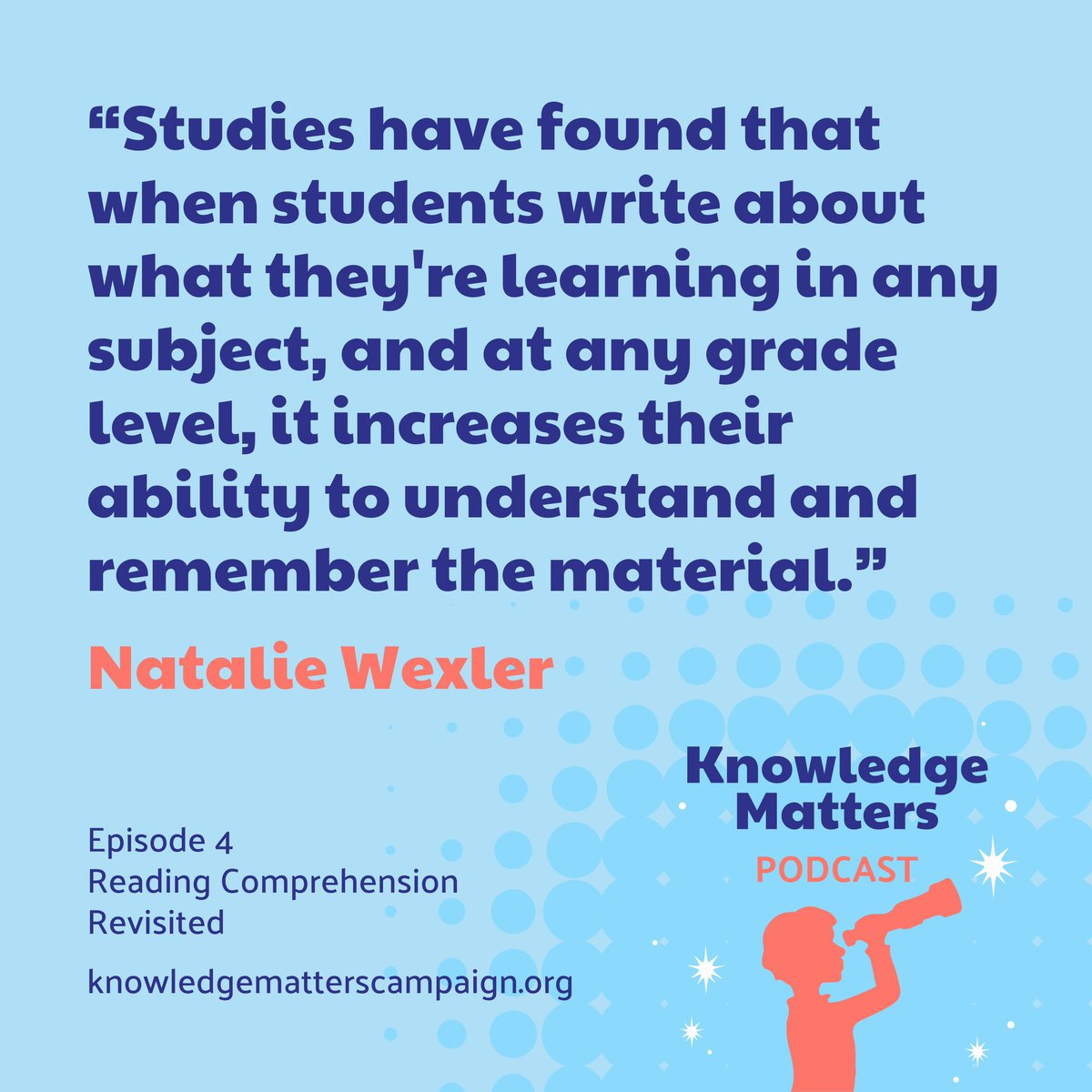 Reading + writing about learned material is critical!

Writing instruction within content literacy looks different than the writing models used in most classrooms. 

Hear from educators using content-rich curricula in the #KnowledgeMatters Podcast!

🔗 knowledgematterscampaign.org/podcast/