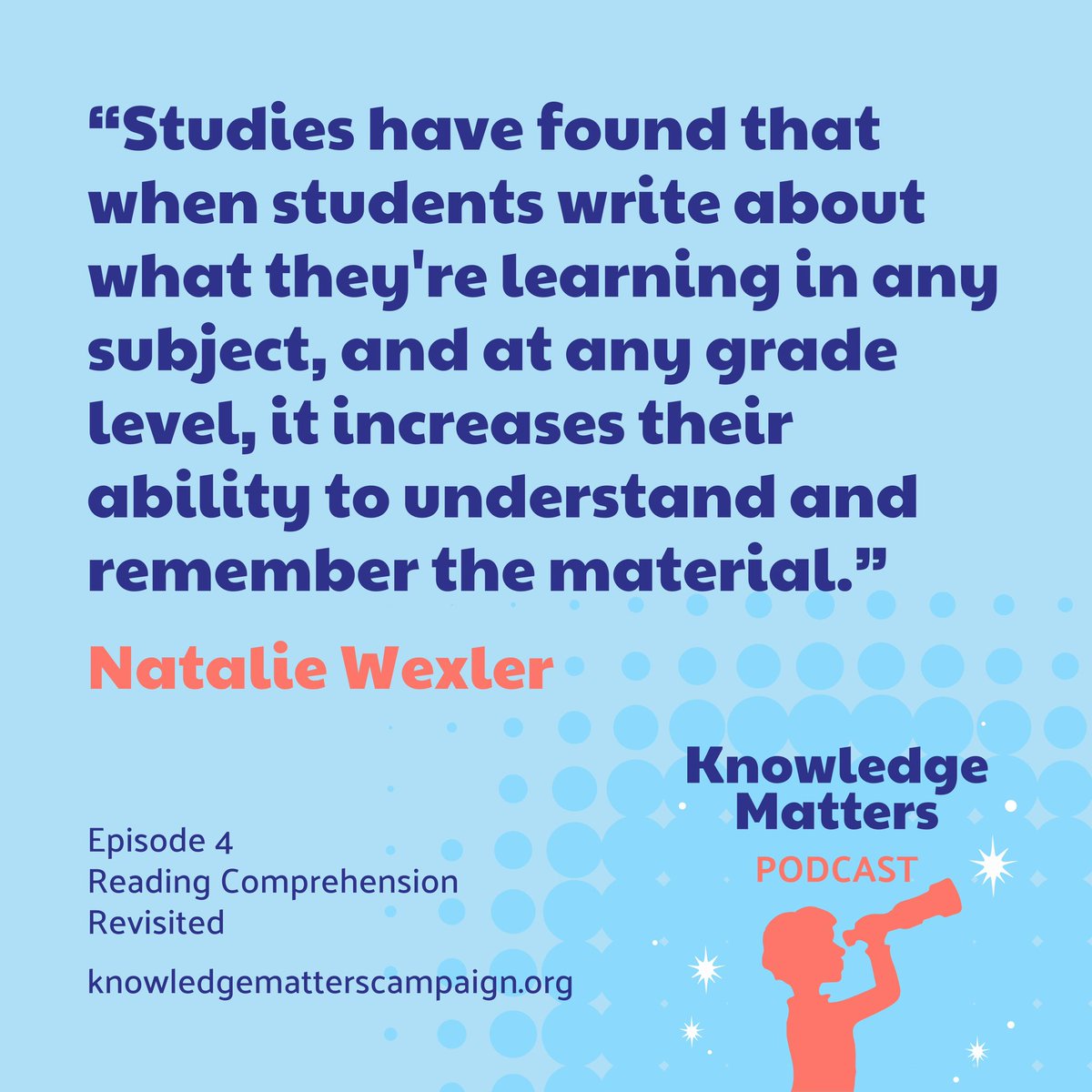 Reading + writing about learned material is critical! Writing instruction within content literacy looks different than the writing models used in most classrooms. Hear from educators using content-rich curricula in the #KnowledgeMatters Podcast! 🔗 knowledgematterscampaign.org/podcast/