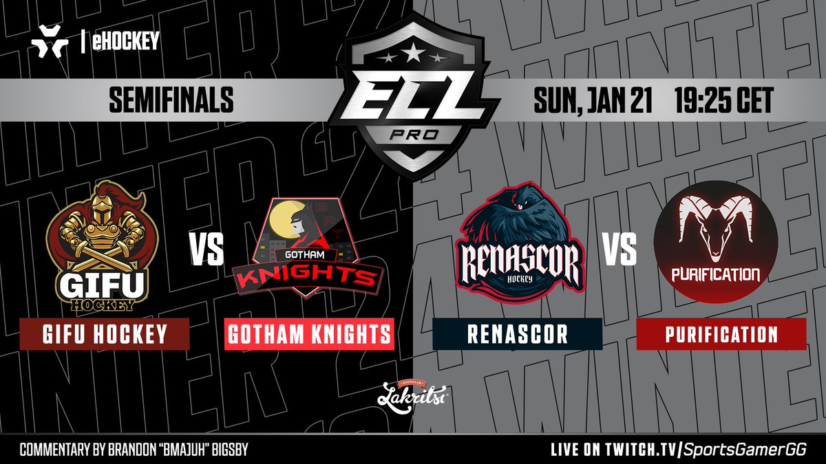🎮 Tonight at 19:25 CET we get to enjoy the #ECL24Winter Pro semifinals!

📺 twitch.tv/SportsGamerGG

🔥<a href="/GifuHockey/">GIFU Hockey</a> vs <a href="/BaT_EASHL/">Gotham Knights</a> (Series 1-2)
🔥<a href="/Renascor_NHL/">Renascor</a> vs <a href="/PurificationNHL/">Purification</a> (Series 2-2)

🎙️Tonight's action is covered by <a href="/bMaJuH/">MaJuH 🎥</a>

#eHockey #NHL24 #esports #KouvolanLakritsi