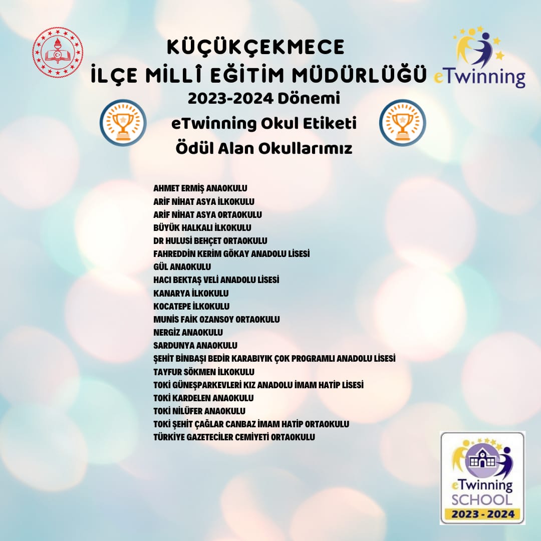 Küçükçekmece İlçe Millî Eğitim Müdürlüğü (@kucukcekmecemeb) on Twitter photo KÜÇÜKÇEKMECEMİZ ETWINNING OKUL ETİKETİ ALMAYA HAK KAZANAN OKUL SAYISI BAKIMINDAN İSTANBUL'DA BİRİNCİ SIRAYA YERLEŞTİ
Açıklanan 2023-2024 Dönemi eTwinning Okul Etiketi Sonuçlarına göre Küçükçekmece ilçemiz 20 okul ile İstanbul'da birinci sıraya yerleşti.
<a href="/tcmeb/">Millî Eğitim Bakanlığı</a>
<a href="/istanbulilmem/">İstanbul İl Millî Eğitim Müdürlüğü</a> KÜÇÜKÇEKMECEMİZ ETWINNING OKUL ETİKETİ ALMAYA HAK KAZANAN OKUL SAYISI BAKIMINDAN İSTANBUL'DA BİRİNCİ SIRAYA YERLEŞTİ
Açıklanan 2023-2024 Dönemi eTwinning Okul Etiketi Sonuçlarına göre Küçükçekmece ilçemiz 20 okul ile İstanbul'da birinci sıraya yerleşti.
<a href="/tcmeb/">Millî Eğitim Bakanlığı</a>
<a href="/istanbulilmem/">İstanbul İl Millî Eğitim Müdürlüğü</a>