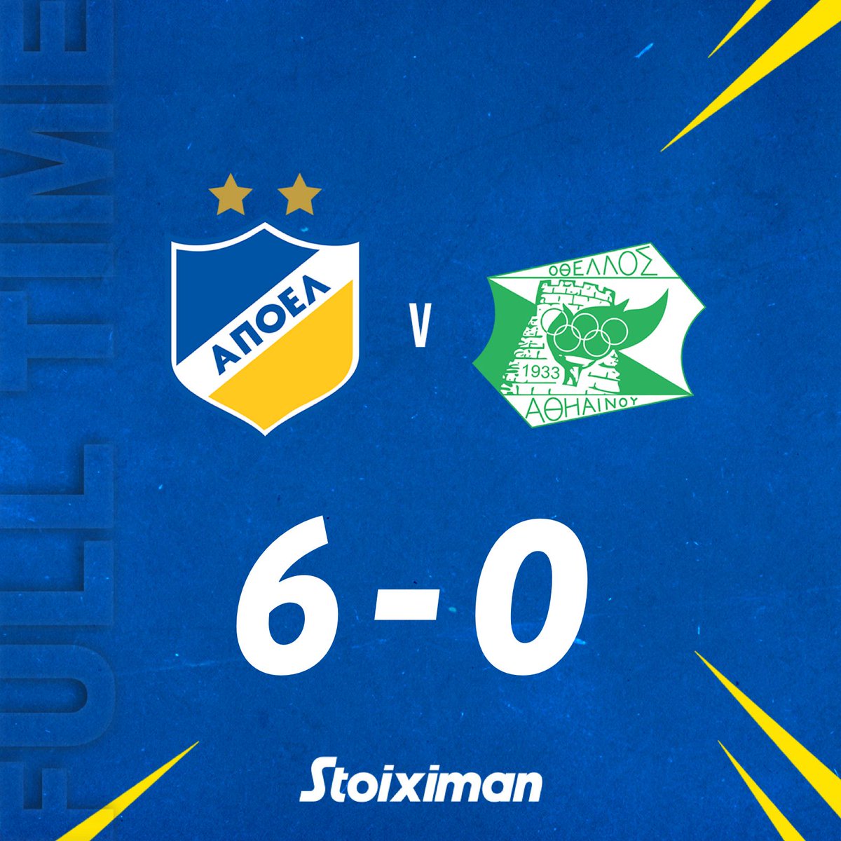 apoelfcofficial's tweet photo. [FT] Τέλος του αγώνα στο ΓΣΠ.
ΑΠΟΕΛ 6-0 Οθέλλος Αθ. (Α' Φάση-20η Αγ/κή)
⚽️ Villafañez 5', Σατσιάς 20', Nardini 26'(OG), Dvali 36', Wilson 47', Jefté 90'

#APOELFC #APOvOTH #apoelfclive
#Stoiximan #iroes https://t.co/j8b4lJNU7S