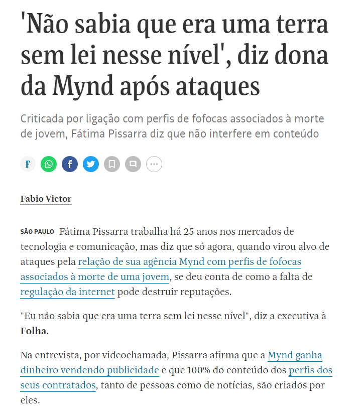 É muita cara de pau. Essa empresa agencia dezenas de perfis que são verdadeiras máquinas de difamação e calúnias. Um desses perfis criou uma mentira, e outros reverberaram a falsidade - o que levou ao suicídio de uma jovem. Sem contar todas evidências de atuação política nas…