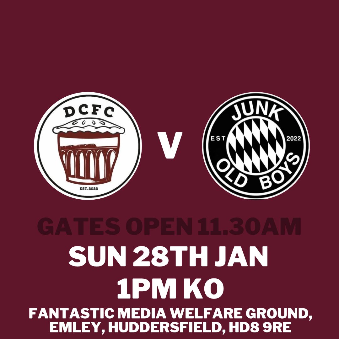 Dale Club FC v Junk Old Boys 

Gates open at 11.30am

Sunday 28th January
1pm KO
📍Fantastic Media Welfare Ground, Emley, HD8 9RE 
🎟️Free entry for all 
💳💷 card &amp; cash accepted
🍺🥤Sports Bar
🍺☕️ Pewit Bar
🍔🍟 Dugout Diner 

#Emley <a href="/DaleClubFC/">Dale Club FC</a> <a href="/junkoldboys/">Junk Old Boys FC</a>