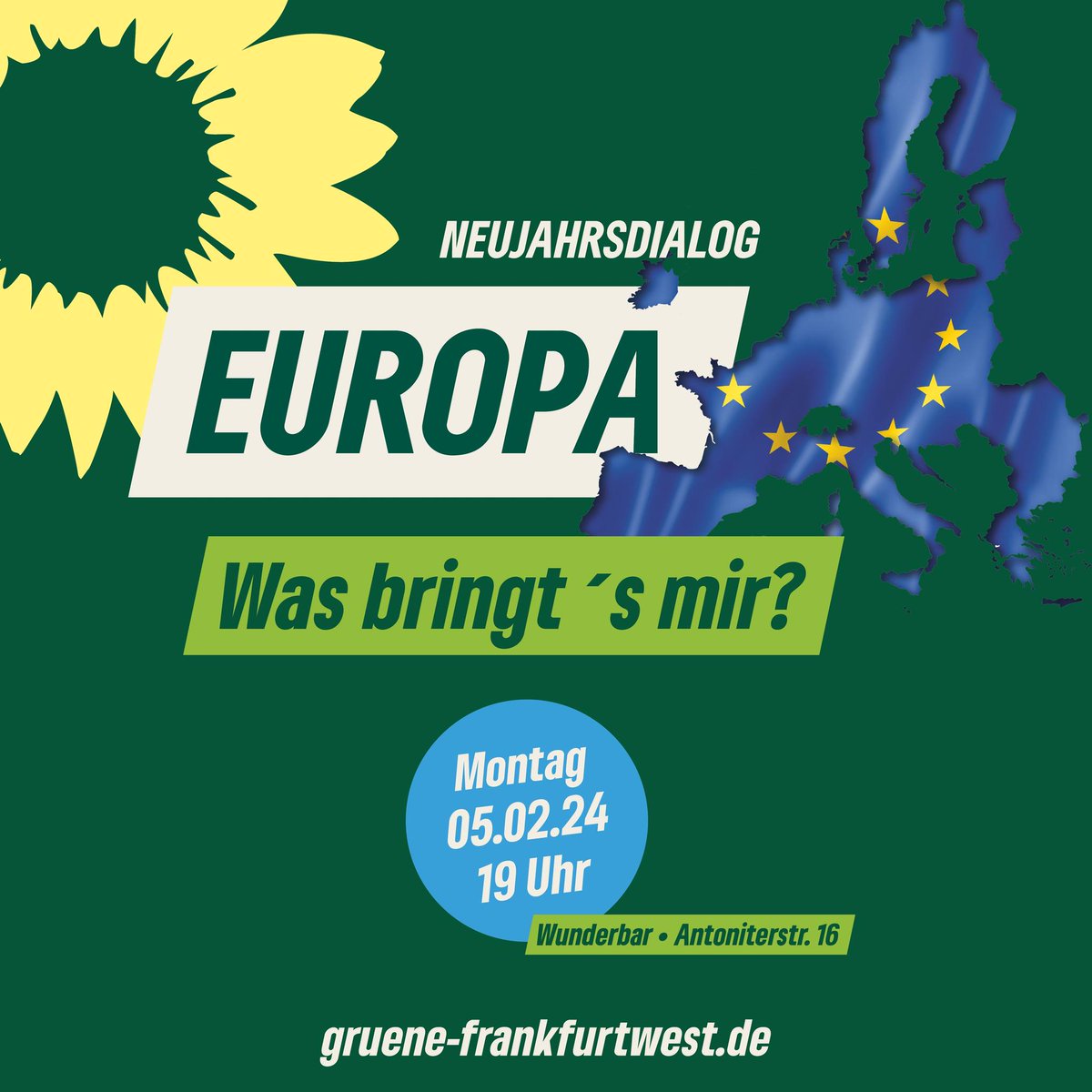 gruene_ffmwest's tweet photo. Europa - was bringt´s mir?
Mit dieser Frage laden wir am 5.2.24 um 19:00 Uhr zum traditionellen Neujahrsdialog in die Wunderbar in Frankfurt Höchst ein.

Begrüßung und Impuls:
Omid Nouripour @Nouripour
MdB und Bundesvorsitzender BÜNDNIS 90/DIE GRÜNEN

Für euch zu Gast:
(1/2) https://t.co/70zWBVGzMB