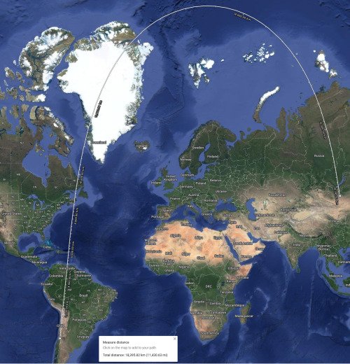 Shortest route from Santiago, Chile to Ulaanbaatar, Mongolia.

The airliners' shortest routes are the polar ones: to fly from San Franscisco to London, or from Sydney to Santiago de Chile, the shorter distance requires to fly within 1000 km of the poles.