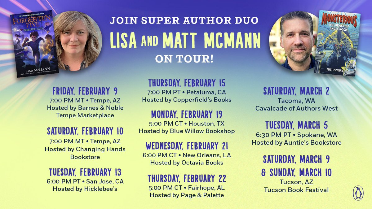 We have a super tour coming up! If you’re in or near one of these cities, we’d love for you to come to our event! @penguinkids @matt_mcmann