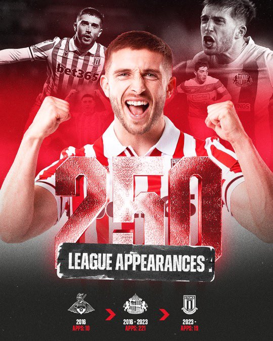 250 League Appearances in English Football. It just so happens they have all been in Red & White! Hopefully many more to come ⚽️❤️🤍 @drfc_official @SunderlandAFC @stokecity