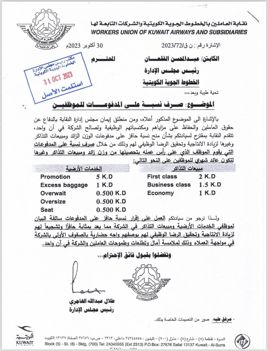 بناءً على طلب مجلس إدارة النقابة 
تمت الموافقة على صرف نسبة على المدفوعات INCENTIV للموظفين الذين تتطلب طبيعة عملهم التعامل مع الركاب بشكل مباشر في 

الكاونتر - المبيعات - قسم الاتصال 

على ان يبدا العمل بها 1/03/2024