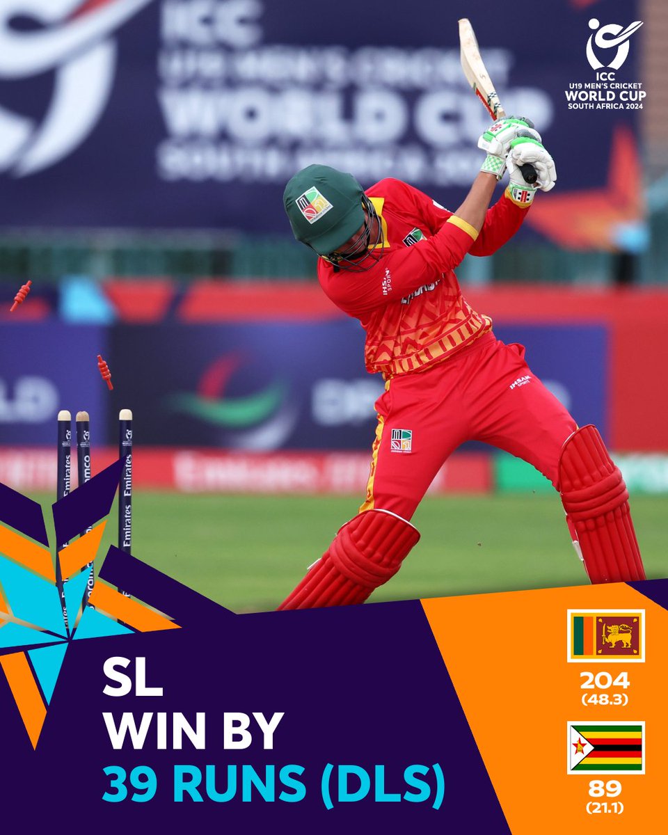 Sri Lanka overcome Zimbabwe and rain to register a win by 39 runs (DLS Method) 💪

#U19WorldCup #SLvZIM