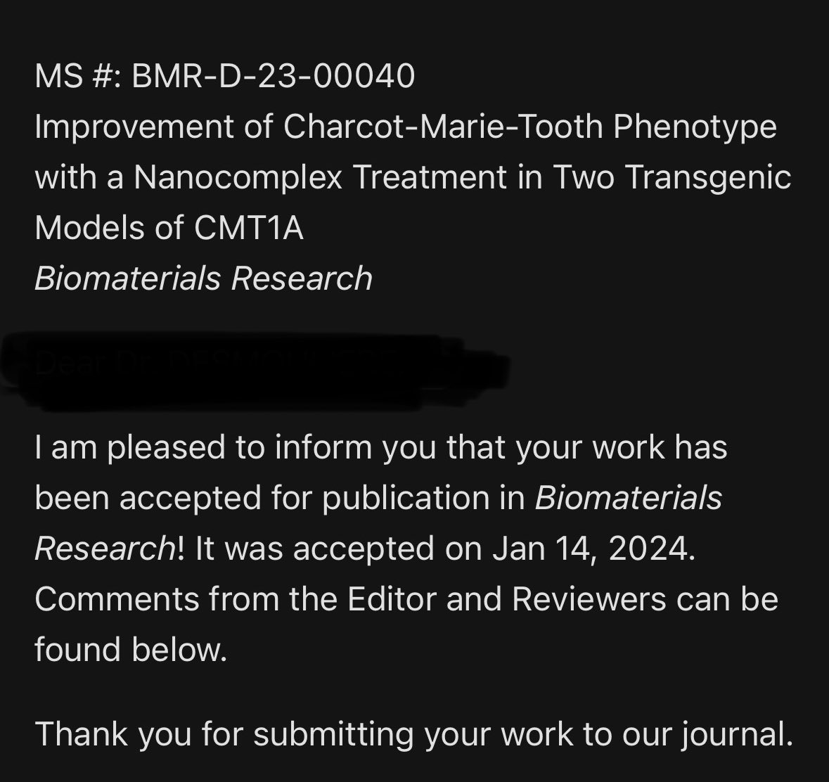 What a great end of the week! Paper accepted for publication at Biomaterials Research. Stay tuned for a closer look at the interesting results in Charcot-Marie-Tooth 1A therapy. #cmt #therapeutics #neuropathy #cmt1a #geneticdisorders #nanotechnology #cmtr #cmta