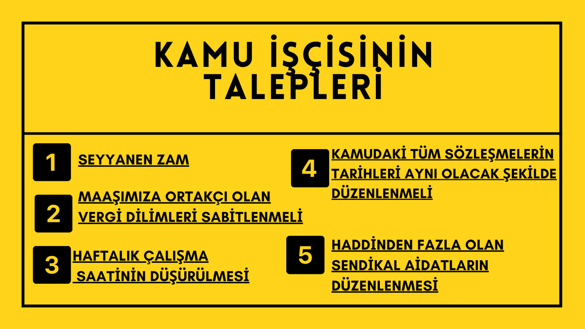 Kamu işçilerinin makul talepleridir.
Zor zamanlardan geçtiğimiz şu enflasyonist dönemde kamu işçisine maddi ve manevi anlamda destek verilmelidir. 
Sendikalar bu talepler için elinden geleni yapmalıdır.
Çünkü #İscivarsasendikavar
<a href="/isikhanvedat/">Prof. Dr. Vedat Işıkhan</a>
<a href="/csgbakanligi/">T.C. Çalışma ve Sosyal Güvenlik Bakanlığı</a>
<a href="/turkiskonf/">TÜRK-İŞ</a>
<a href="/hakiskonf/">HAKİŞ KONFEDERASYONU</a>