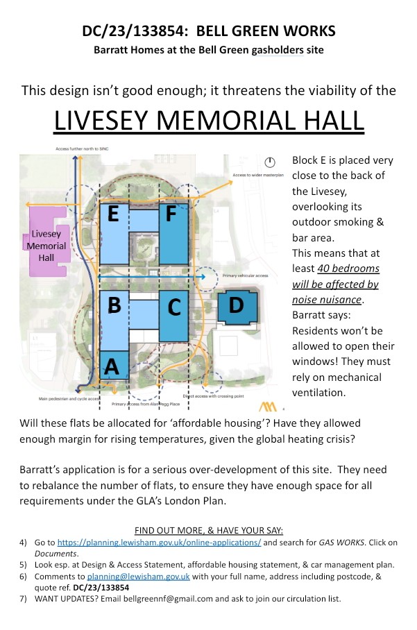 Comment NOW on Bell Green Works #SE26 #Sydenham #OVERDEVELOPMENT application from @Barratt_London. Generic layout hasb 40 bedrooms overlook the outdoor smoking bar area behind the Livesey. Our ACV events and performance venue will be deluged with noise complaints. #AgentofChange