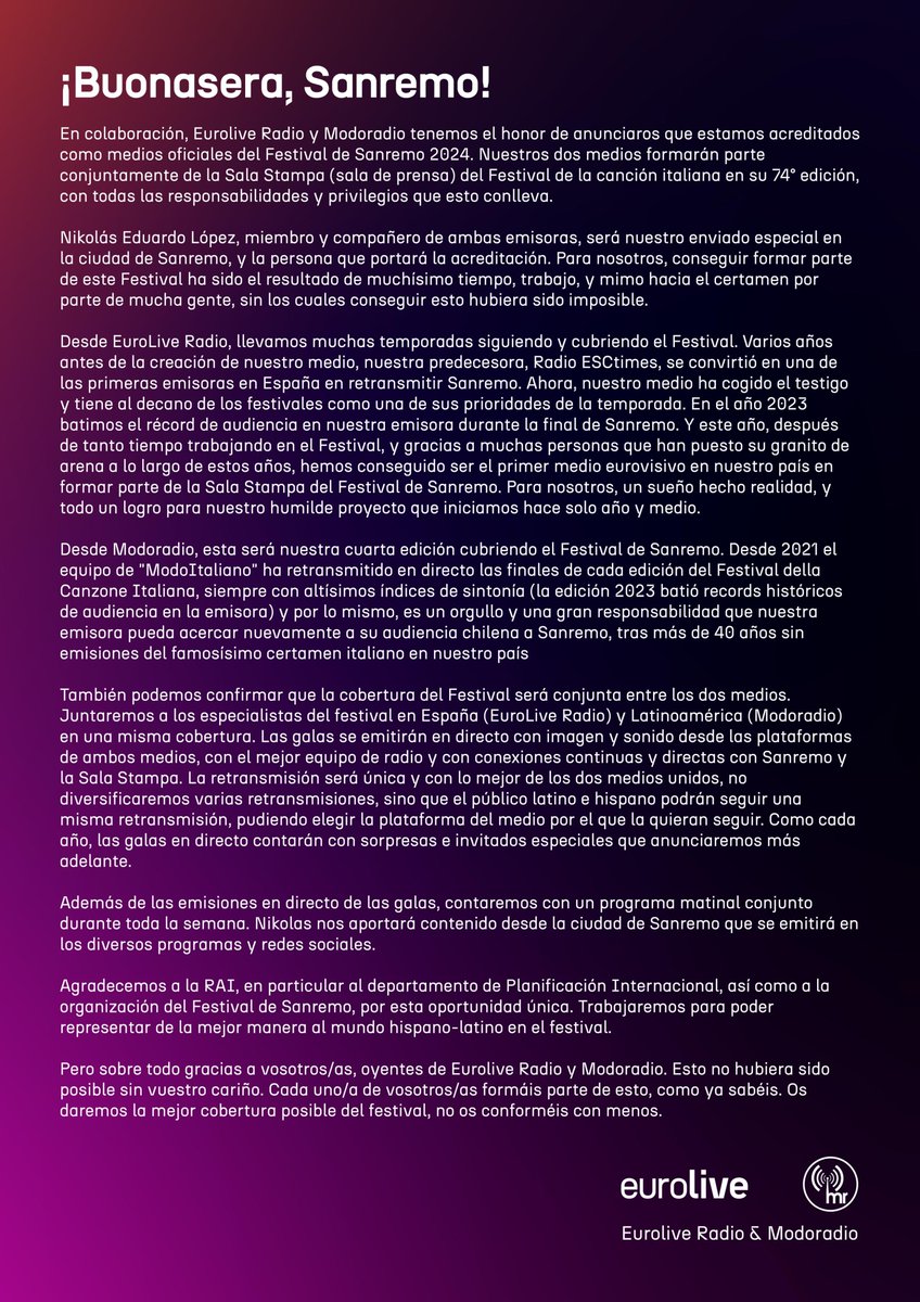 Comunicado conjunto #EuroLiveRadio &amp; <a href="/ModoradioCL/">ريناد VIP</a> - #Sanremo2024