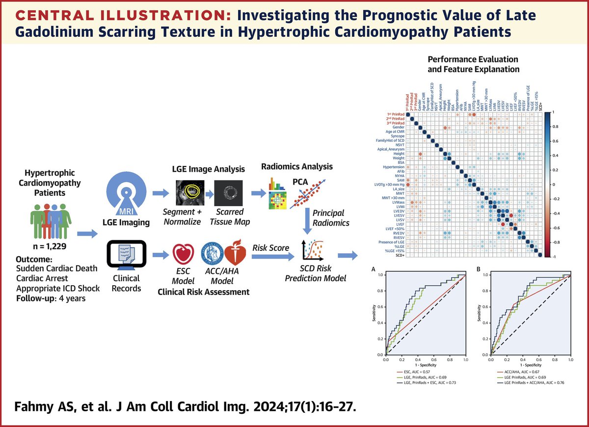 ICYMI: Radiomics and late gadolinium enhancement (LGE) in #WhyCMR – new quantitative frontier? In this proof of concept study, myocardial LGE radiomics has incremental value in hypertrophic cardiomyopathy sudden death risk prediction. bit.ly/3vnpeAJ #JACCIMG #cvHCM