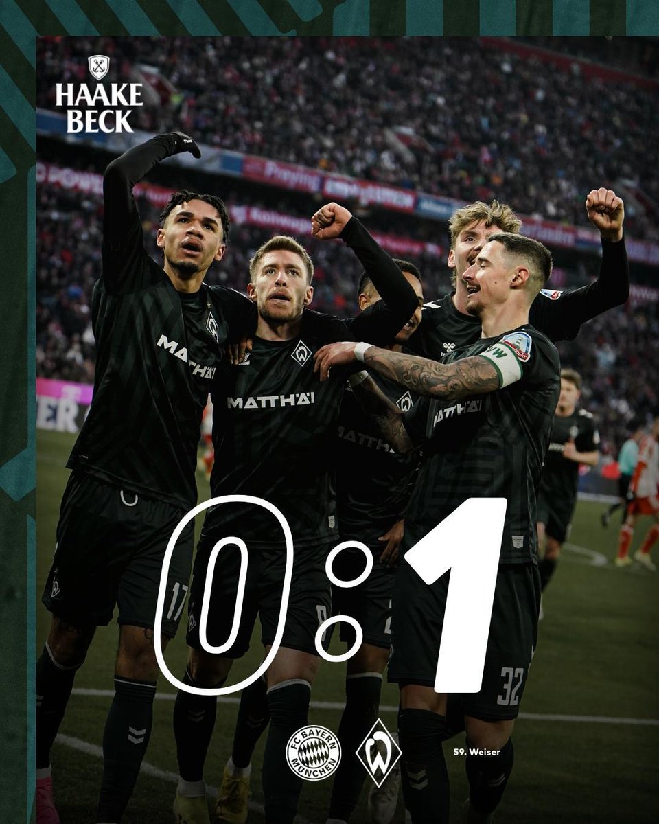 ⏱️ 90+6. Min

JAAAAA! Schluss in der Allianz Arena! Werder holt den ersten Auswärtssieg der Saison. Und das ausgerechnet gegen den Rekordmeister!😍

⚽️ #FCBSVW 0:1 | #Werder