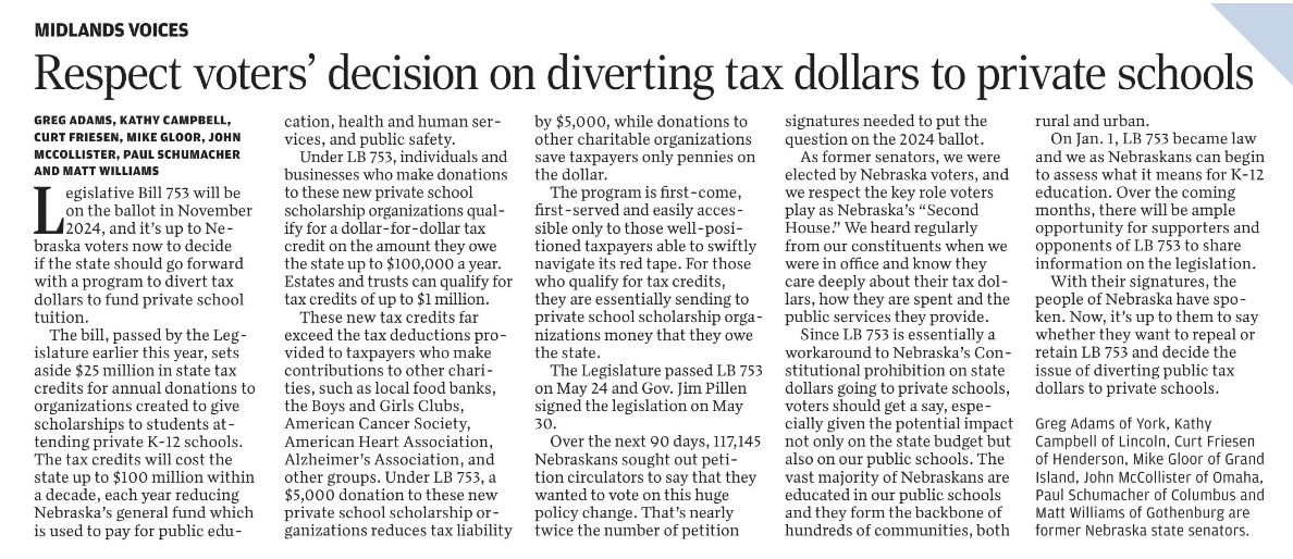 SOSNebraska's tweet photo. Seven Republican former State Senators speak out Against the LB753 Voucher Scheme and call to respect Nebraskans’ right to vote on the issue. Read their Omaha World Herald OpEd at https://t.co/Yjh7H3oUiU and Contribute to the campaign to Repeal LB753! https://t.co/Qd3WQCSAHz