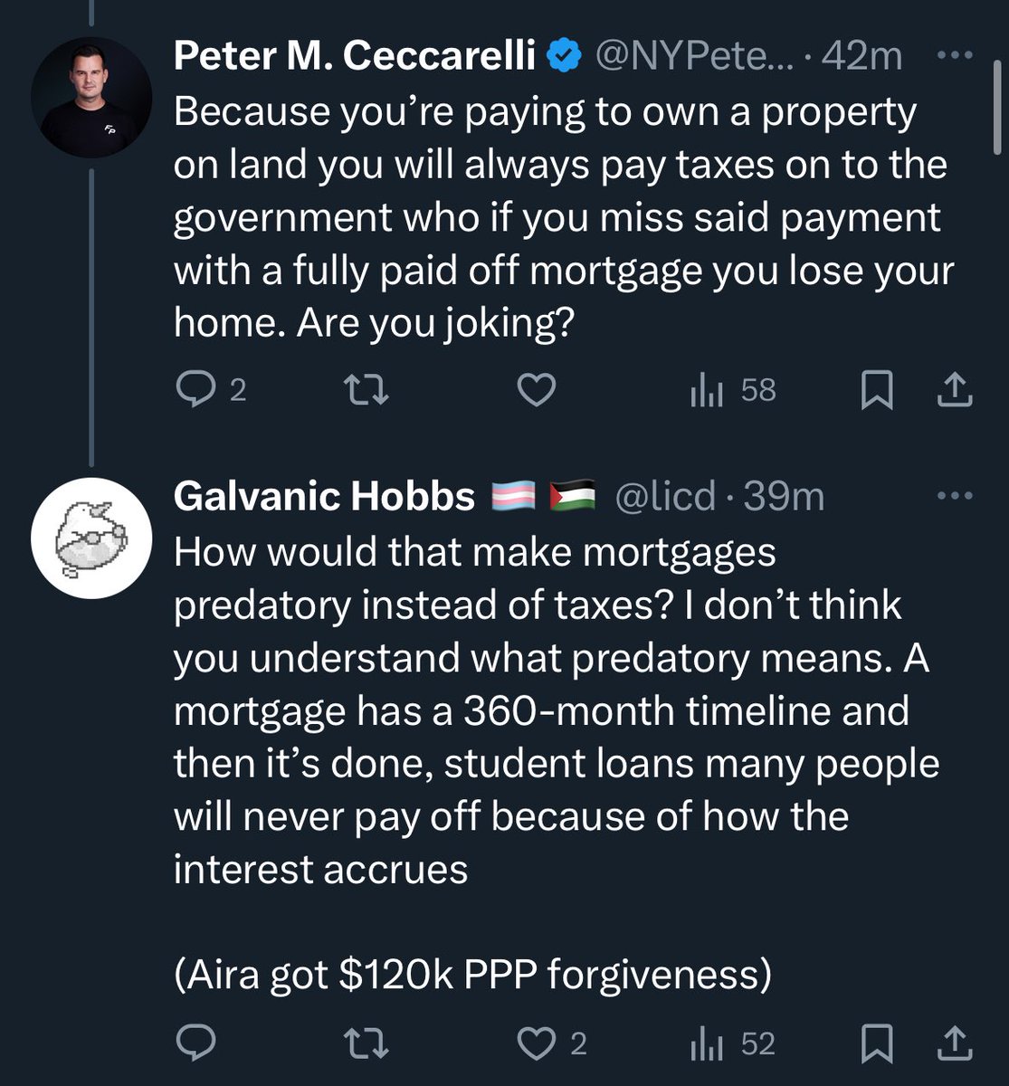 licd's tweet image. .@NYPeteyBlue deleted all his tweets about student loans after I mentioned his employer (Aira, Inc) got $120k in PPP loan forgiveness while he claims mortgages and car loans are predatory but student loans aren’t lol