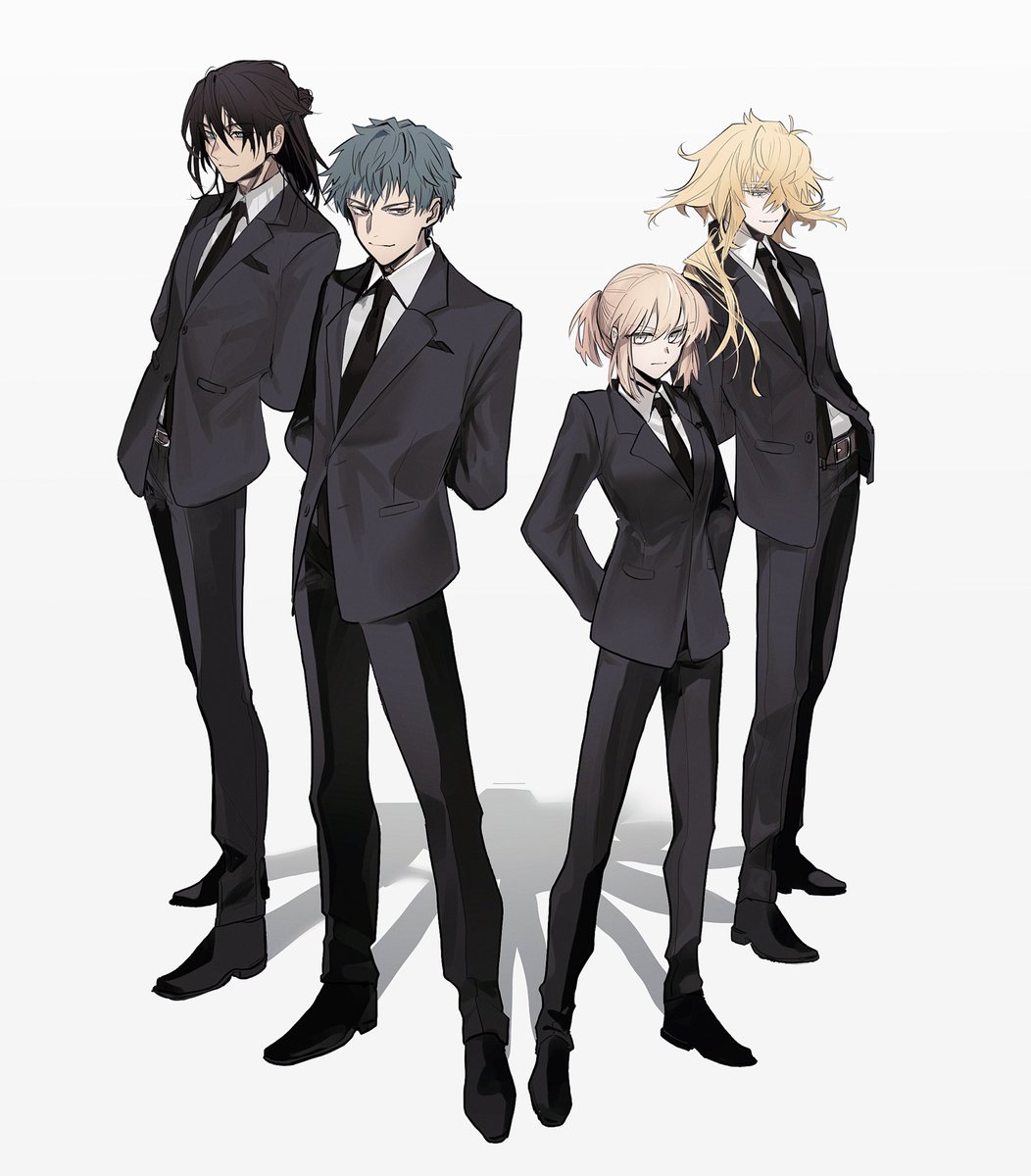 okita souji (fate) ,okita souji (koha-ace) formal multiple boys suit blonde hair necktie arms behind back white background  illustration images