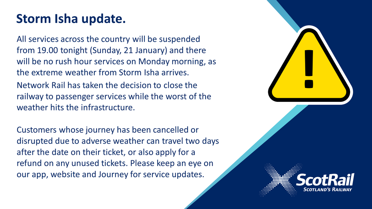 1/4 ⚠️All services across the country will be suspended from 19.00 tonight (Sunday, 21 January) and there will be no rush hour services on Monday morning, as the extreme weather from Storm Isha arrives.