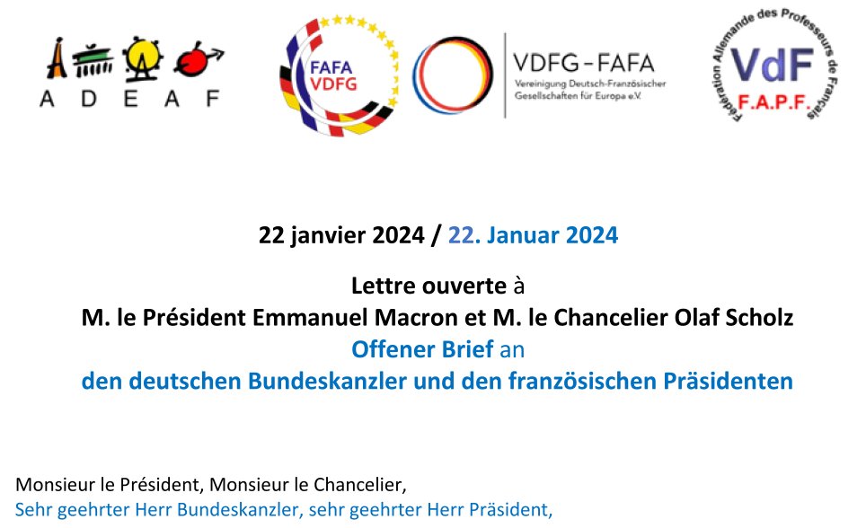 ADEAF_nationale's tweet photo. Lettre commune de l'ADEAF, de la @FAFApourlEurope , de la @voilaVDFG et de la VDF au président @EmmanuelMacron et au chancelier @Bundeskanzler
à l'occasion du 22 janvier 2024 - si vous partagez nos préoccupations, partagez cette lettre ... https://t.co/AdQHpTL5eX https://t.co/3IvAD6Ahmo