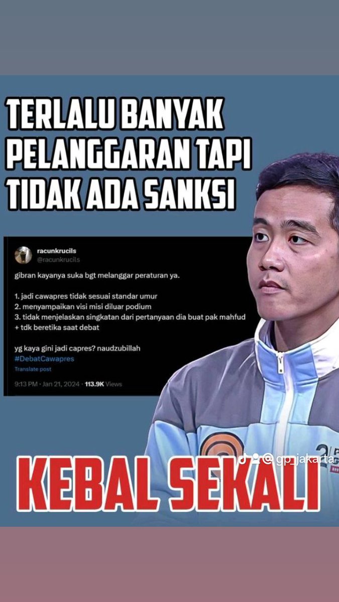 Samsul si belimbing sayur emang kurang adab kayanya, model begini jadi Cawapres, astogeee mimpi apa Rakyat Indonesia punya Cawapres model gini. Gak banget. udah kebal banget gak ada sanksi efek anak Presiden x ya.
#TolakCawapresPelanggarKonstitusi 
#tolakcawapresilegal