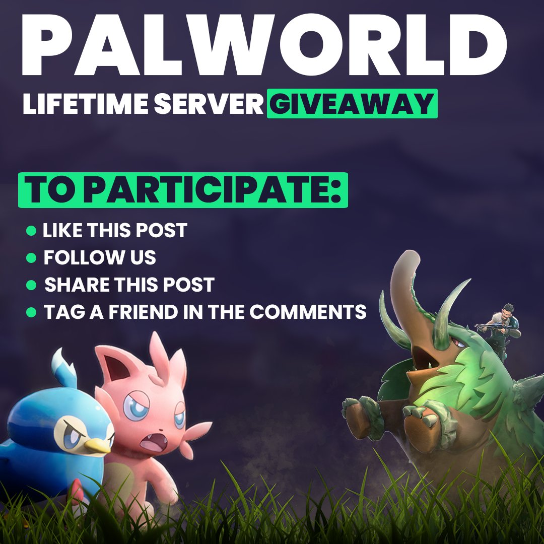 🎁 GIVEAWAY: #PALWORLD LIFETIME SERVER! 🎁 To participate: 🔹 Repost 🔃 & like ❤️ 🔹 Follow us ✅ 🔹 Tag a friend in the comments! ⏳ Picking a winner in 24 hours!