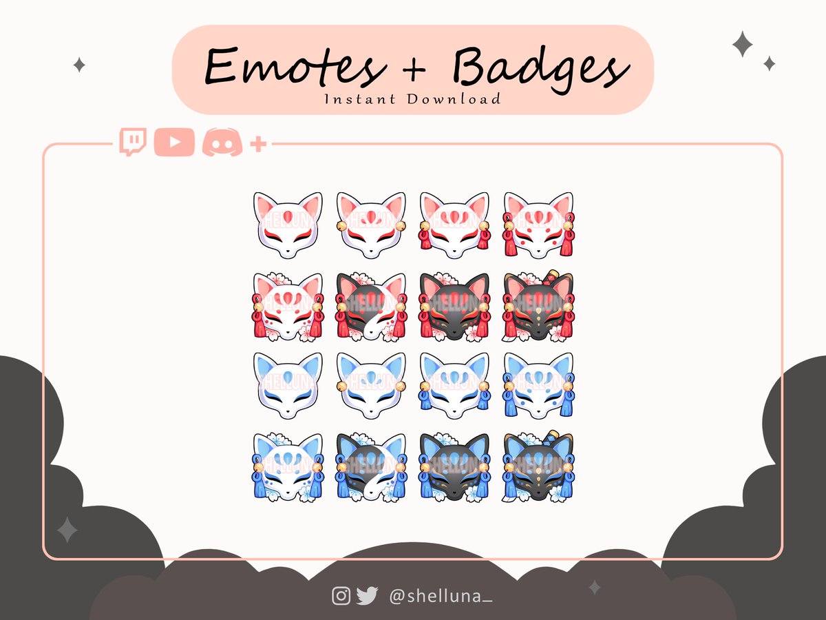 Shelluna_'s tweet image. Kitsune masks #emotes / #badges/ #channelpoints for #twitch , #Discord , #YouTube  etc. Can even be used as a deco, profile picture, etc. They are available in my shop (link in bio)!

#kitsune #masks  #shelluna #streamer