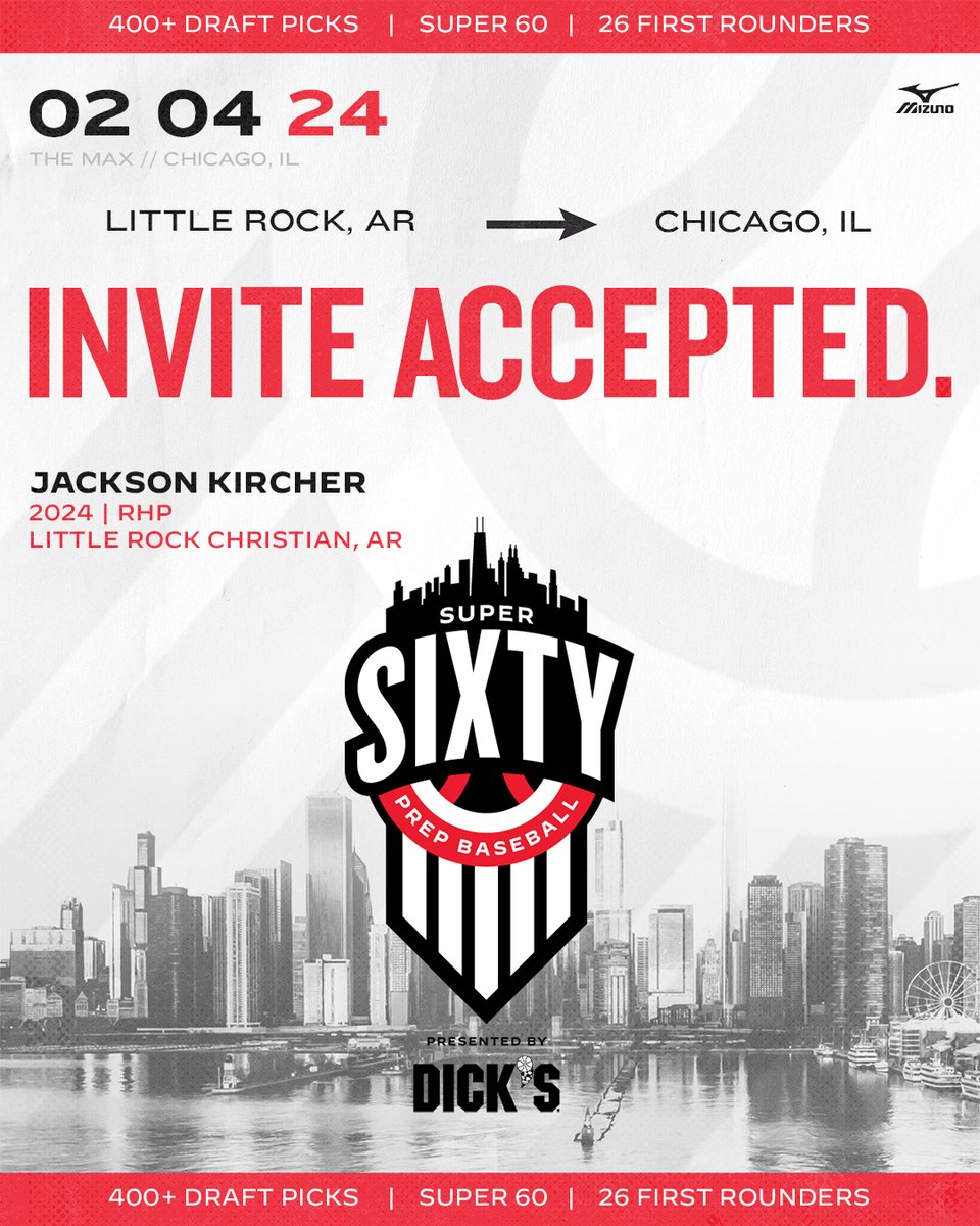 𝟐𝟎𝟐𝟒 𝐒𝐮𝐩𝐞𝐫 𝟔𝟎: 𝐈𝐧𝐯𝐢𝐭𝐞 𝐀𝐜𝐜𝐞𝐩𝐭𝐞𝐝 ✔️
𝘱𝘳𝘦𝘴𝘦𝘯𝘵𝘦𝘥 𝘣𝘺: <a href="/DICKS/">DICK'S Sporting Goods</a> Sporting Goods

RHP @Jackson_kircher (AR), an <a href="/OU_Baseball/">Oklahoma Baseball</a> recruit, is locked in for the #Super60 in Chicago! <a href="/PBR_Arkansas/">Brian Walker</a> #MLBDraft

👤 loom.ly/_0gW-Us | <a href="/ShooterHunt/">Shooter Hunt</a>