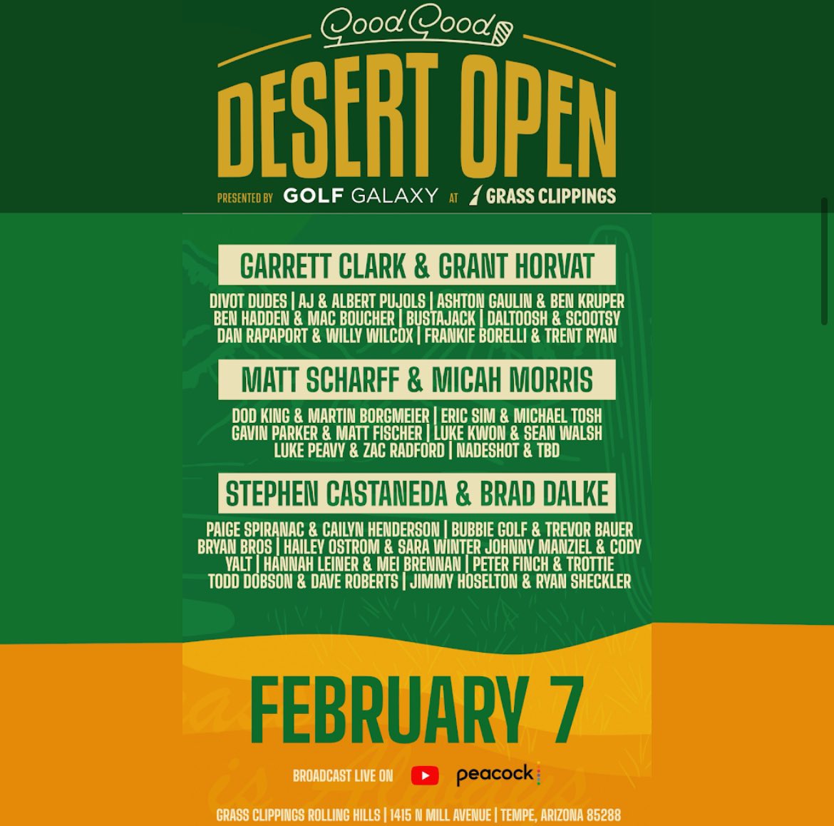 Tickets are LIVE for the Good Good Desert Open presented by @golfgalaxy at Grass Clippings Rolling Hills 🙌 Get your tickets here!👇 eventbrite.com/e/good-good-de…