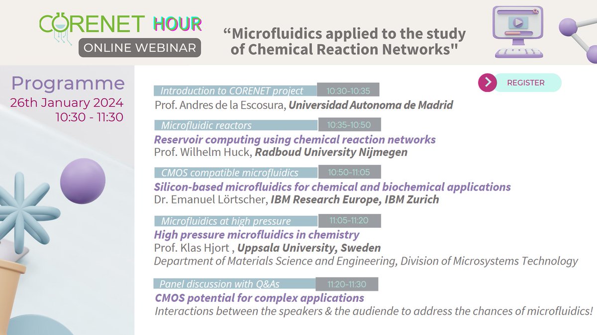 📍Save the date: 26th January (10:30–11:30)
🖥️#CORENETwebinar "𝐌𝐢𝐜𝐫𝐨𝐟𝐥𝐮𝐢𝐝𝐢𝐜𝐬 𝐚𝐩𝐩𝐥𝐢𝐞𝐝 𝐭𝐨 𝐭𝐡𝐞 𝐬𝐭𝐮𝐝𝐲 𝐨𝐟 𝐂𝐡𝐞𝐦𝐢𝐜𝐚𝐥 𝐑𝐞𝐚𝐜𝐭𝐢𝐨𝐧 𝐍𝐞𝐭𝐰𝐨𝐫𝐤𝐬"
🧠Join us online and enjoy the programme!
✍️𝘙𝘦𝘨𝘪𝘴𝘵𝘦𝘳 𝘩𝘦𝘳𝘦: corenet-horizon.eu/2024/01/19/cor…
