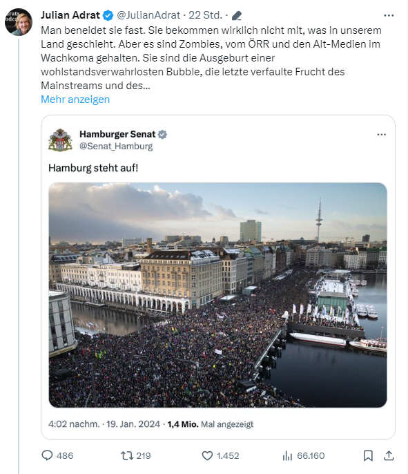 Was für persönliche Vorteile haben diese gefährlichen Leute von dieser PROPAGANDA? Brandstifter!
#DeutschlandStehtAuf #gegendieAfD #GegenNazis #GegenDieFaschisten