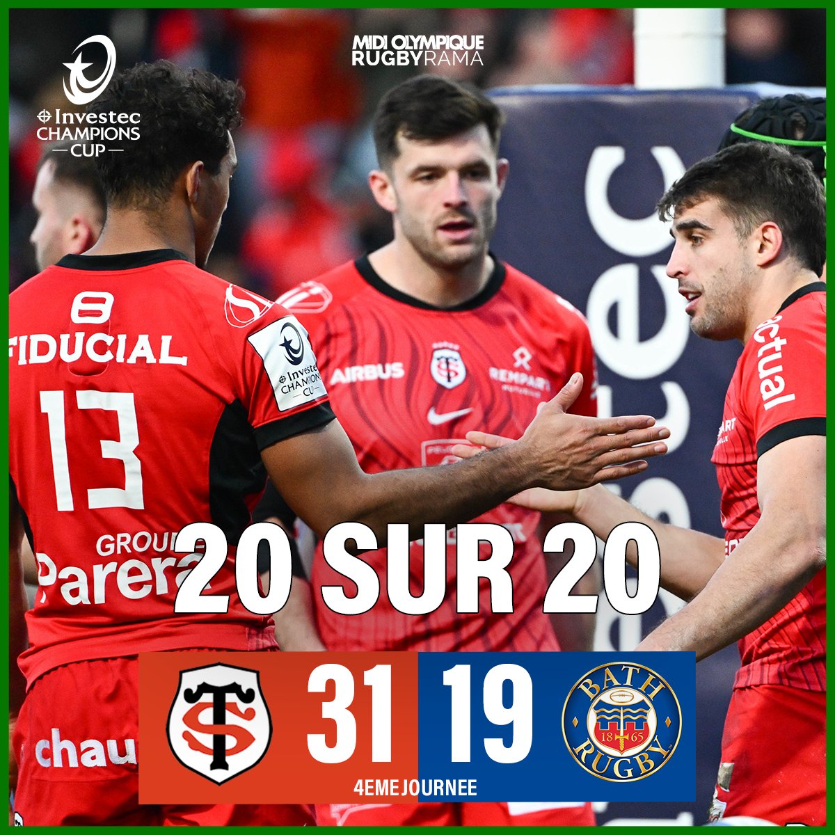 RugbyramaFR's tweet photo. Quatre matchs, quatre victoires, quatre bonus offensif et une première place au général. 20 sur 20 pour le Stade toulousain.
Le film du match > https://t.co/NoUV5q6Khr
#STvBAT #InvestecChampionsCup https://t.co/Q7qXASIXSa