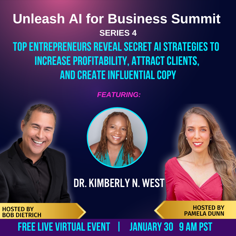 MsKimsWorld's tweet photo. My colleagues, Bob Dietrich and Pamela Dunn, are interviewing me on The Unleash AI For Business Summit: on January 30.
 
I'll show you how to use AI to take 1 piece of content and turn it into 75 - quite the gamechanged! 

Join for FREE here: https://t.co/JAVNz3b7rp https://t.co/bLD5dNuGsT