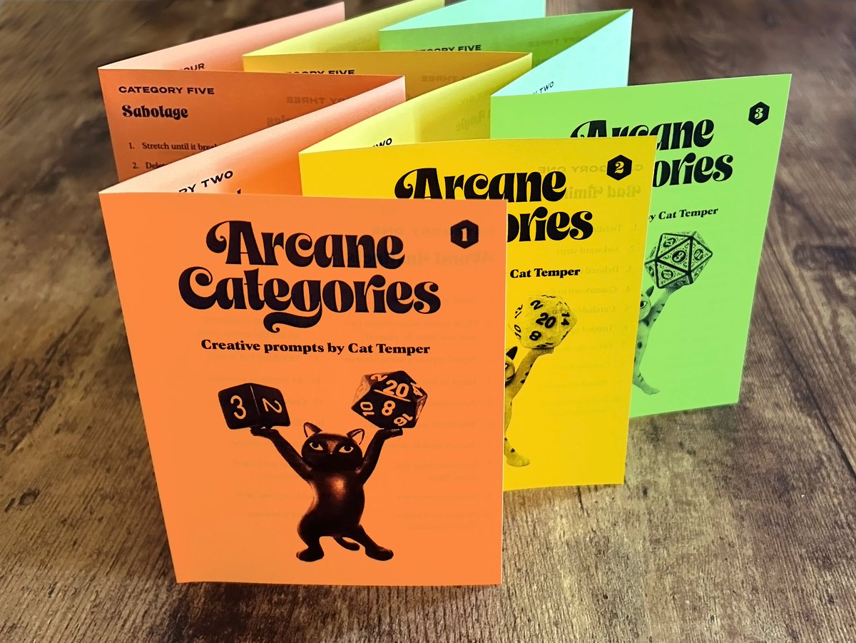 ARCANE CATEGORIES Inspired by Oblique Strategies, a set of cards created by Brian Eno & Peter Schmidt in 1975. It's a collection of abstract prompts for musicians looking for inspiration or direction. 3 volumes in mini zine format.