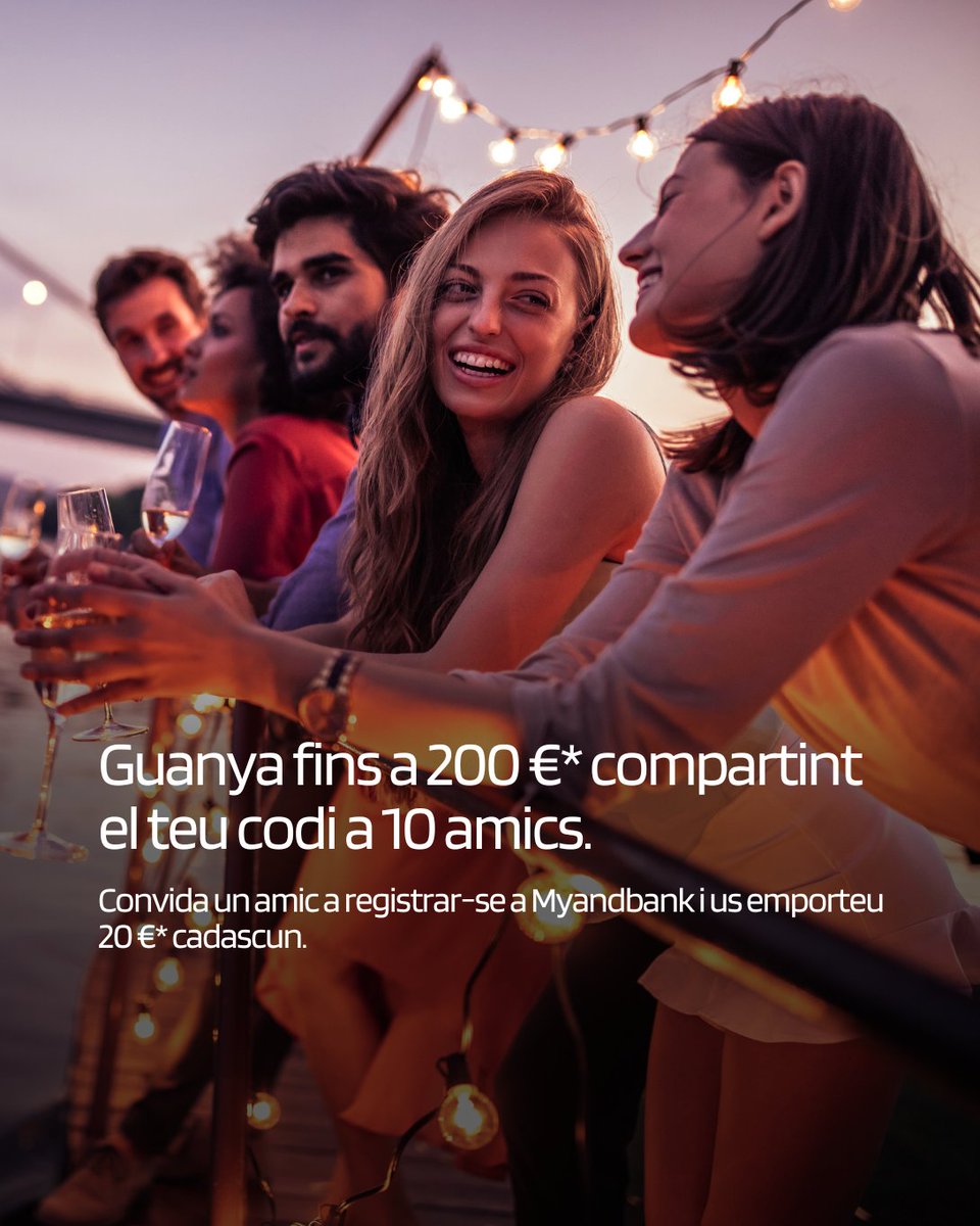 Et podràs endur fins a 200€* compartint el teu codi amb 10 amics. Quan ells es donin d’alta a Myandbank introduint el teu codi al final del registre i activin Bizum dins l’aplicació, guanyareu 20€* cadascun.

Consulta les bases a myandbank.com