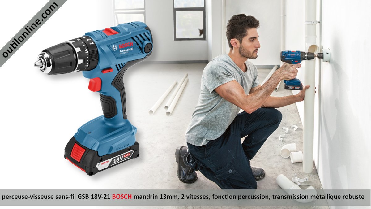 OutilonlineCom's tweet image. #outillage #perceusevisseuse sans-fil GSB18V-21 #BoschPowertools outilonline.com/catalog/perceu… #outil robuste pour utilisation professionnelle. Mandrin 13mm / 2 vitesses / fonction percussion / transmission métallique pour longue durée d&apos;utilisation. Pour vis jusqu&apos;à Ø10mm